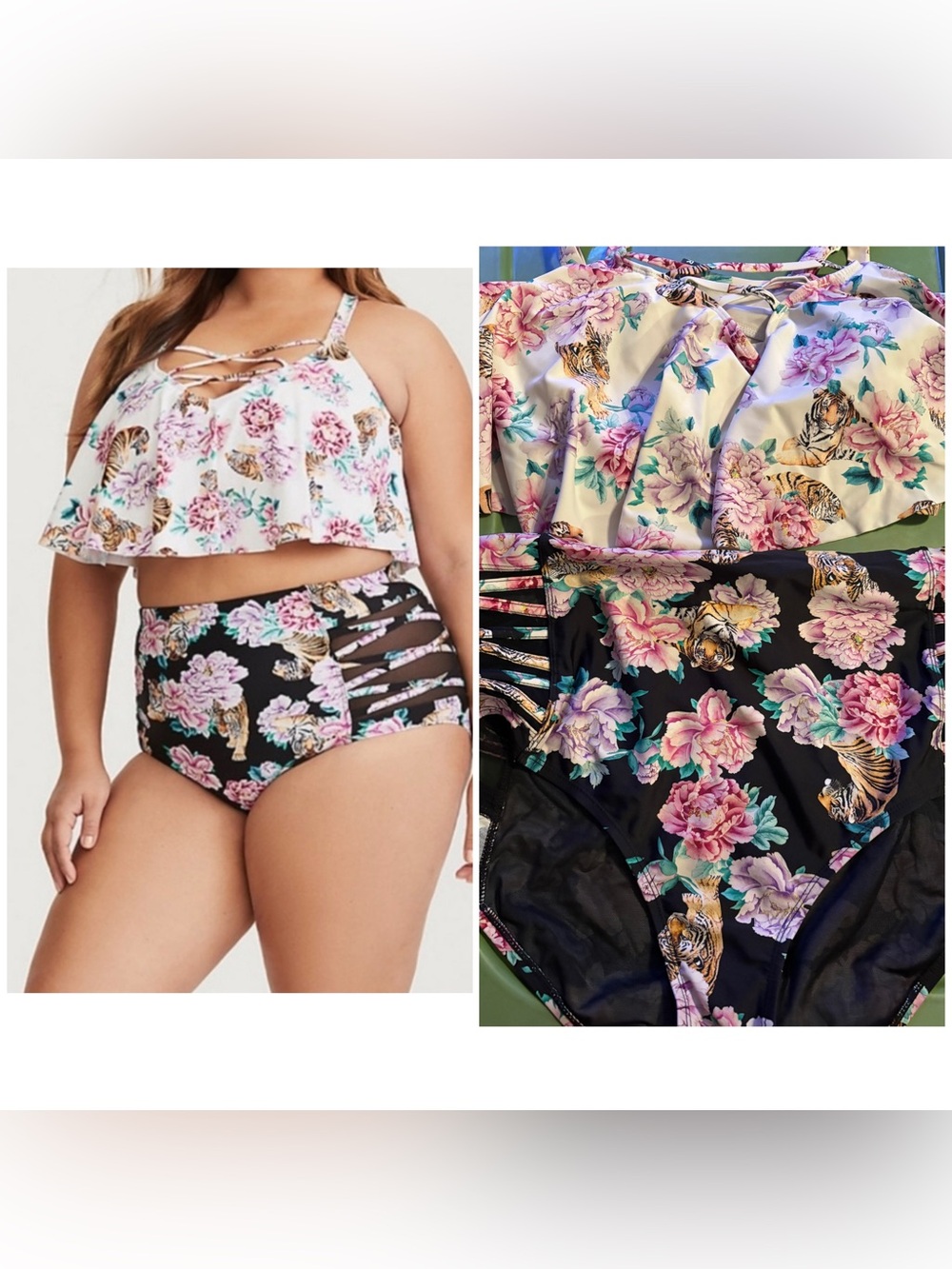 Floral Tiger High-Waist Bikini Set - Black & Cream